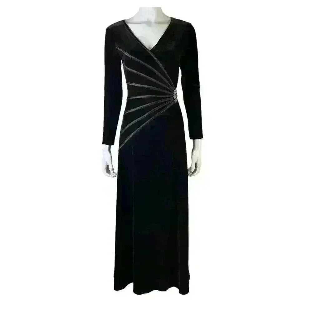 Tadashi Vintage Dark Brown Velour Evening Gown S Long Sleeve Rhinestone Dress